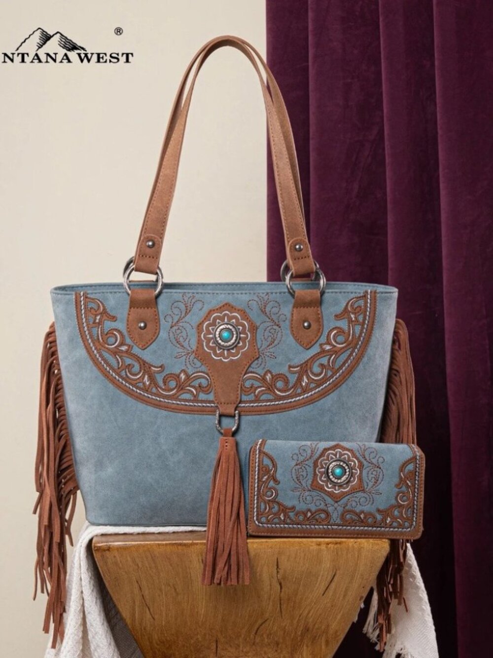 Montana West Embroidered Concealed Carry Tote with Wallet Set Jean NWT